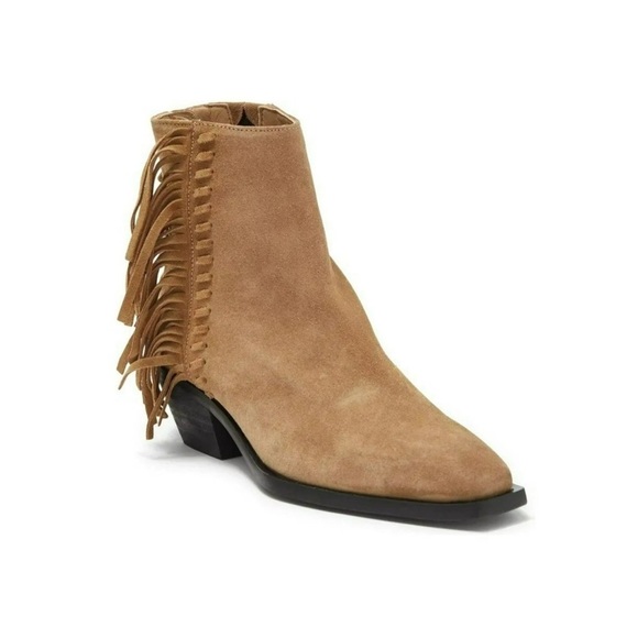 All Saints NEW Layla Cognac Sand Suede Fringe Zip Heel Ankle Booties Size 7 - Picture 2 of 12